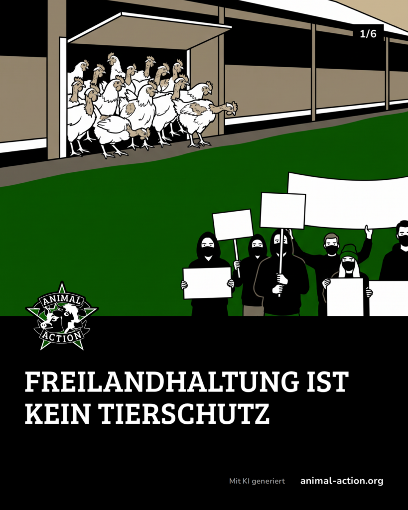Illustration: Ein großer Hühnerstall mit kleiner offener Klappe, davor eine leere Wiese und Aktivist*innen, in der Klappe drängen sich zerrupfte Hennen