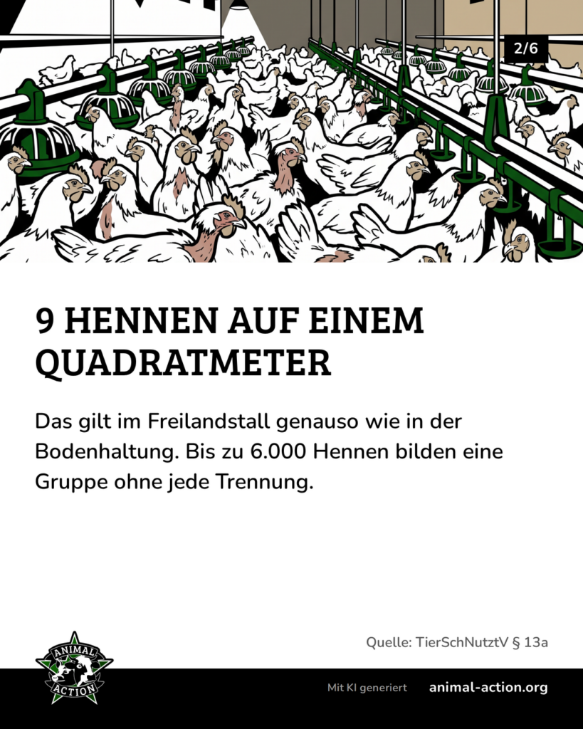 Illustration: Dicht gedrängte, zerrupfte weiße Hennen mit kahlen Stellen auf Einstreu in einem Stall, darüber Reihen von Sitzstangen