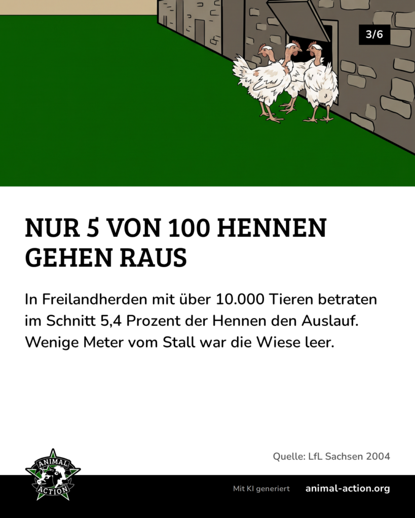 Illustration: Eine weite leere Wiese vor einem Stall, drei zerrupfte Hennen direkt an der Stallwand, sonst niemand