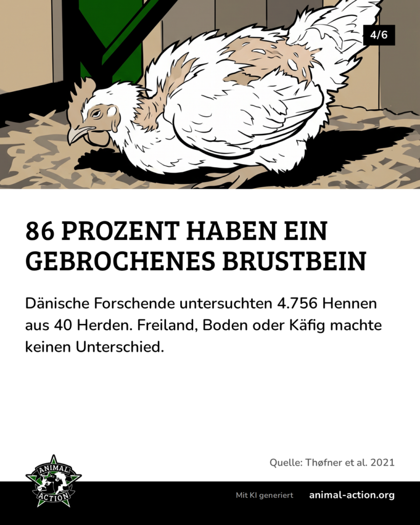 Illustration: Eine einzelne kranke, zerrupfte Henne sitzt zusammengesunken auf dem Stallboden, hinter ihr eine Sitzstange