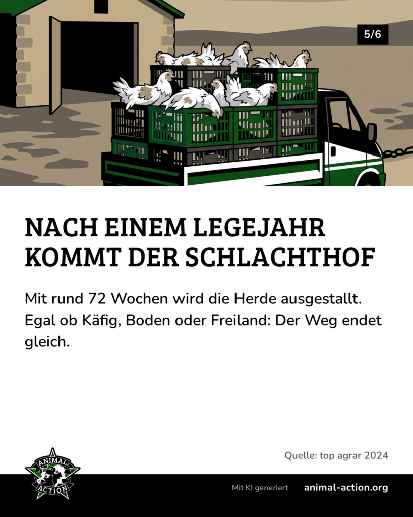 Illustration: Ein Transporter mit gestapelten Kisten voller zerrupfter Hennen fährt von einem Stall weg, dahinter ein leerer Hof